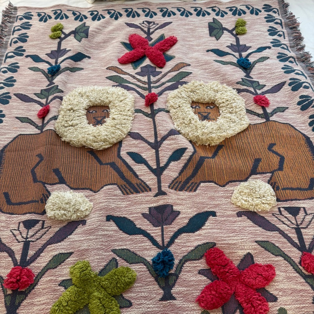 Anthropologie Pink Floral Lion Tufted Throw Blanket